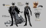  1boy absurdres armor black_armor black_cape black_hair brown_eyes cape chinese_commentary chinese_text commentary_request concept_art covered_eyes crown full_armor grey_background highres klein_moretti lord_of_the_mysteries momoquqiqiaokeli short_hair simple_background translation_request 