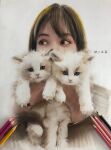  1girl animal art_tools_in_frame blackpink brown_eyes brown_hair cat colored_pencil_(medium) highres holding holding_animal holding_cat lisa_(blackpink) long_bangs looking_to_the_side sketch traditional_media 