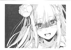  1girl absurdres braid chu-chu-tan crown_braid drawing emilia_(re:zero) flower greyscale hair_flower hair_ornament hair_ribbon highres long_hair monochrome open_mouth pointy_ears re:zero_kara_hajimeru_isekai_seikatsu ribbon rose scan shaded_face solo teeth traditional_media upper_teeth_only x_hair_ornament yandere 