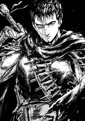  1boy absurdres armor bandaged_arm bandages berserk cape greyscale guts_(berserk) highres holding holding_weapon looking_at_viewer male_focus monochrome one_eye_closed simple_background solo suechimu sword upper_body weapon 