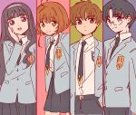 2boys 2girls brown_eyes brown_hair cardcaptor_sakura daidouji_tomoyo glasses green_eyes hanam_000 happy hiiragizawa_eriol kinomoto_sakura li_xiaolang multiple_boys multiple_girls necktie open_mouth purple_background school_uniform simple_background skirt smile violet_eyes yellow_background