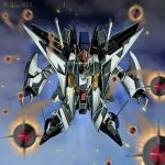  blue_sky clouds cloudy_sky commentary flying full_body glowing glowing_eyes green_eyes gundam gundam_hathaway&#039;s_flash highres looking_at_viewer mecha missiles mobile_suit no_humans robot science_fiction shimashun sky solo twitter_username v-fin xi_gundam 
