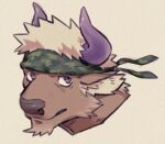  1boy animal_ears brown_fur camouflage camouflage_headwear cow_ears cow_horns cropped_head facial_hair film_grain furry furry_male goatee headband horns lowres male_focus minotaur portrait purple_horns shennong_(housamo) short_hair simple_background solo sunspotfish tokyo_afterschool_summoners violet_eyes white_hair yellow_background 