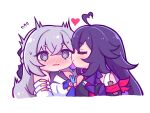  2girls @_@ ahoge aya_chan1221 blush bronya_rand closed_eyes commentary earrings english_commentary grey_hair heart heart_ahoge highres honkai:_star_rail honkai_(series) jewelry kiss kissing_cheek long_hair multiple_girls open_mouth purple_hair seele_(honkai:_star_rail) upper_body yuri 