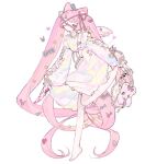  1girl absurdly_long_hair angel_wings animal_ear_fluff animal_ears bad_id bad_twitter_id bag barefoot blood blood_on_knife blue_eyes center_frills closed_mouth dress eyepatch feathered_wings fox_ears frilled_dress frilled_sleeves frills full_body hair_ornament hair_ribbon hairclip half-closed_eye handbag heart holding holding_bag holding_knife knife leg_up light_frown long_hair long_sleeves medical_eyepatch multicolored_clothes multicolored_dress one-eyed original pink_blood pink_hair pink_ribbon pleated_dress puffy_long_sleeves puffy_sleeves ribbon short_dress sleeve_ribbon solo stuffed_animal stuffed_toy teddy_bear twintails u_emper very_long_hair white_background white_bag white_dress white_ribbon white_wings wings 