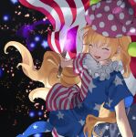  1girl american_flag_dress american_flag_legwear blonde_hair blush closed_eyes clownpiece dress hat highres holding holding_torch jester_cap kaigen_1025 long_hair open_mouth pants pink_headwear polka_dot polka_dot_headwear short_sleeves smile solo star_(symbol) star_print striped striped_dress striped_pants torch touhou 