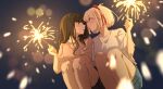  2girls absurdres black_hair black_shorts blonde_hair blue_shorts blurry blush bob_cut bokeh chinese_commentary closed_mouth commentary depth_of_field eye_contact fafayu fireworks hair_ribbon highres holding_fireworks inoue_takina long_hair looking_at_another lycoris_recoil multiple_girls night nishikigi_chisato one_side_up parted_lips red_eyes red_ribbon ribbon shirt short_hair short_sleeves shorts sidelocks sparkler squatting t-shirt violet_eyes white_shirt yuri 