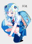  1girl absurdres backpack bag black_footwear bloop_(gawr_gura) blue_eyes blue_nails blue_skirt blush_stickers fins fish_tail gawr_gura gawr_gura_(school_uniform) grey_background highres hololive hololive_english ichijo_rei loafers looking_at_viewer multicolored_hair open_mouth pleated_skirt randoseru school_uniform shark_girl shark_tail shirt shoes short_sleeves signature simple_background skirt socks solo squatting streaked_hair tail two_side_up virtual_youtuber white_hair white_shirt white_socks 