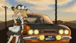  1girl apron back_bow black_headwear black_skirt black_vest blonde_hair blue_sky blush bow braid breasts car closed_eyes closed_mouth clouds cookie_(touhou) feet_out_of_frame frilled_apron frills hair_bow hat hat_bow isuzu_bellett kirisame_marisa long_hair medium_bangs mgrm_ysnr motor_vehicle outdoors petticoat power_lines puffy_short_sleeves puffy_sleeves pun red_bow shirt short_sleeves single_braid skirt skirt_set sky small_breasts smile solo star_(symbol) sunset suzu_(cookie) touhou turtleneck utility_pole v-shaped_eyebrows vest waist_apron waist_bow waving white_apron white_bow white_shirt witch_hat 