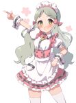  1girl 22nekone apron arm_up blush bow bowtie breasts commentary_request cowboy_shot dot_nose dress frilled_apron frilled_skirt frills green_eyes grey_hair hair_bow hand_on_own_hip handa_roco idolmaster idolmaster_million_live! idolmaster_million_live!_theater_days index_finger_raised long_hair looking_at_viewer maid_headdress official_alternate_costume open_mouth pink_bow pink_bowtie pink_dress puffy_short_sleeves puffy_sleeves shirt short_sleeves skirt small_breasts smile solo thigh-highs thighs twintails waist_apron white_apron white_background white_shirt white_thighhighs wrist_cuffs zettai_ryouiki 