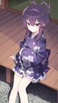  1girl absurdres blue_archive breasts closed_mouth feet_out_of_frame floral_print flower hair_between_eyes hair_flower hair_ornament hairband halo haruka_(blue_archive) haruka_(new_year)_(blue_archive) highres japanese_clothes kimono long_sleeves looking_at_viewer medium_hair purple_hair purple_kimono rock short_kimono sidelocks sitting small_breasts solo veranda violet_eyes wide_sleeves yuku~ 