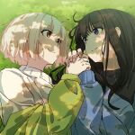  2girls absurdres artist_name black_hair black_shirt blonde_hair blue_cardigan bob_cut cardigan closed_mouth commentary dappled_sunlight day eye_contact fafayu grass green_jacket highres holding_hands inoue_takina jacket long_hair long_sleeves looking_at_another lycoris_recoil lying multiple_girls nishikigi_chisato on_back outdoors puffy_sleeves red_eyes shadow shirt sidelocks smile sunlight sweater twitter_username upper_body violet_eyes white_sweater yuri 
