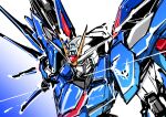  blue_background blue_eyes commentary gradient_background gundam gundam_seed gundam_seed_freedom highres kazuu mecha mobile_suit monochrome no_humans rising_freedom_gundam robot solo upper_body v-fin white_background wings 