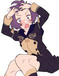  1girl bernadetta_von_varley do_m_kaeru fire_emblem fire_emblem:_three_houses garreg_mach_monastery_uniform hands_in_hair hands_on_own_head open_mouth purple_hair short_hair solo v-shaped_eyebrows violet_eyes white_background 