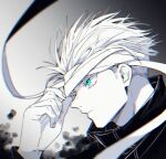  1boy bandages blue_eyes closed_mouth gojou_satoru gradient_background greyscale hand_up highres jacket jujutsu_kaisen long_sleeves male_focus monochrome nukomaru profile short_hair solo spot_color 