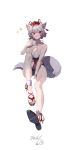  1girl animal_ears bare_shoulders breasts commission full_body hat highres inubashiri_momiji red_eyes red_headwear short_hair solo swimsuit taeminhyeon tail thighs tokin_hat touhou white_background white_hair wolf_ears wolf_girl wolf_tail 