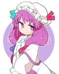 1girl blush closed_mouth dress frilled_sleeves frills hat ini_(inunabe00) long_hair long_sleeves looking_at_viewer mob_cap patchouli_knowledge purple_hair smile solo touhou violet_eyes white_dress white_headwear wide_sleeves 