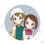  1boy 1girl blonde_hair brown_hair circle digimon digimon_adventure_02 happy highres looking_at_viewer pln8 short_hair simple_background smile sparkle takaishi_takeru v white_background white_headwear yagami_hikari 