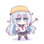  1girl black_sailor_collar black_thighhighs blue_eyes blush bucket_hat chibi frown grey_hair hair_between_eyes hand_on_own_hip hand_up hat hibiki_(kancolle) highres holding holding_ladle kantai_collection kashimu ladle long_hair long_sleeves looking_at_viewer neckerchief pleated_skirt red_neckerchief sailor_collar school_uniform serafuku simple_background skirt solo thigh-highs white_background 