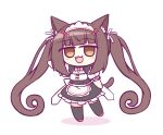  1girl :3 animal_ear_fluff animal_ears apron blunt_bangs blush bow brown_eyes brown_hair cat_ears cat_girl cat_tail chibi chocola_(nekopara) hair_ribbon kashimu long_hair maid maid_apron maid_headdress nekopara pink_bow red_bow red_footwear ribbon simple_background smile solo tail thigh-highs twintails very_long_hair waving white_ribbon 