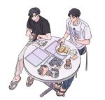  2boys animal animalization black_hair black_shirt cat character_request closed_eyes closed_mouth commentary_request cup flip-flops food fork full_body garbage_time gusge_(ellllk) highres holding holding_cup holding_fork holding_knife knife korean_commentary looking_at_another male_focus multiple_boys pants plate raccoon sandals shirt short_hair short_sleeves simple_background sitting table white_background white_shirt 