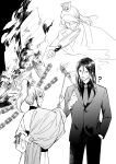  2boys ? archer_(fate/samurai_remnant) arm_behind_back arrow_(projectile) boat burning cigarette fate/grand_order fate/samurai_remnant fate_(series) greyscale hand_fan hand_in_pocket highres lighter long_hair lord_el-melloi_ii male_focus miyuyoko monochrome multiple_boys necktie ponytail smile smoking suit watercraft waver_velvet zhuge_liang 
