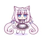  1girl animal_ear_fluff animal_ears apron blue_bow blue_eyes blue_footwear blunt_bangs blush bow cat_ears cat_girl cat_tail chibi kashimu long_hair looking_at_viewer low_twintails maid maid_apron maid_headdress nekopara open_mouth ribbon simple_background solo tail thigh-highs twintails vanilla_(nekopara) white_hair white_ribbon 
