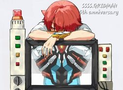  1boy acceptor anniversary closed_eyes computer gridman_(ssss) gridman_universe hibiki_yuuta monitor redhead risyo shirt short_hair short_sleeves sleeping ssss.gridman tokusatsu white_shirt 