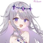  bare_shoulders blush chest_jewel collar collarbone colored_inner_hair commentary detached_collar grey_hair hair_flaps headpiece highres hololive hololive_english jewel_under_eye koseki_bijou long_hair looking_at_viewer luna_(luna610) multicolored_hair open_mouth purple_hair sidelocks simple_background smile twitter_username two-tone_hair upper_body violet_eyes virtual_youtuber wavy_hair white_background white_collar 