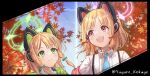  2girls :d animal_ear_headphones animal_ears autumn blonde_hair blue_archive blue_sky bow cat_ear_headphones closed_mouth clouds day fake_animal_ears green_bow green_eyes green_halo hair_bow halo headphones highres kokage_yugure midori_(blue_archive) momoi_(blue_archive) multiple_girls open_mouth outdoors pink_halo red_bow red_eyes short_hair siblings sisters sky smile twins twitter_username upper_body 