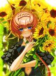  1girl absurdres blue_dress blue_eyes blurry_edges braid brown_hair collarbone crown_braid dress fate/grand_order fate_(series) floral_background flower highres holding holding_flower navel runiie side_braid signature solo striped striped_headwear sunflower van_gogh_(fate) yellow_headwear 