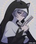  1girl animal_hat animal_hood artist_name cat_hat digimon digimon_(creature) grey_hair gun hat highres holding holding_gun holding_weapon hood looking_at_viewer nagoshi nun short_hair simple_background sistermon_noir solo upper_body violet_eyes watermark weapon 