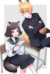  1boy 1girl animal_ears brown_eyes brown_hair chair crossed_arms desk fox_boy fox_ears fox_girl fox_tail frown gakuran glasses green_eyes highres holding holding_paper kmy-3_(kumayu) long_sleeves looking_at_another neckerchief on_desk open_mouth original paper pleated_skirt school_uniform serafuku short_hair sitting sitting_on_desk skirt socks sweat tail 