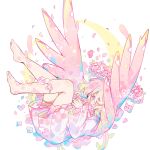  1girl angel_wings artist_logo artist_name barefoot blush cherry_blossoms crescent dress falling falling_flower falling_petals feathered_wings flower frilled_dress frills full_body hair_over_one_eye head_wreath highres leaf legs_up original petals pink_dress pink_eyes pink_hair solo thigh_strap thighs toes uenomigi white_background wings 