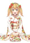  1girl absurdres blonde_hair floral_print flower hair_flower hair_ornament hands_on_lap highres imsaibo3 inaba_haneru_(animare) japanese_clothes kimono long_hair multicolored_sash nanashi_inc. obi obijime open_mouth red_flower sash solo two_side_up white_kimono yellow_eyes 