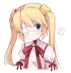  1girl ? blonde_hair blue_eyes blush closed_mouth commentary_request crown dress expressionless eyelashes eyepatch hair_between_eyes juliet_sleeves kazamatsuri_institute_high_school_uniform long_hair long_sleeves looking_at_viewer mini_crown nakatsu_shizuru neck_ribbon one_eye_covered puffy_sleeves red_ribbon rewrite ribbon school_uniform simple_background solo spoken_question_mark takepoison twintails upper_body white_background white_dress 