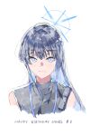  1girl bare_shoulders black_hair blue_archive blue_eyes blue_hair chiriejjiyo commentary_request halo highres long_hair looking_at_viewer saori_(blue_archive) sleeveless solo turtleneck upper_body white_background 