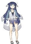  1girl alternate_costume bag blue_choker blue_eyes blue_hair blue_nails blue_shirt blunt_bangs braid casual choker coelacanth_(kemono_friends) collarbone fins fish_girl fish_tail full_body hands_in_pockets head_fins jacket japari_symbol kemono_friends kishida_shiki long_hair long_sleeves multicolored_clothes multicolored_jacket nail_polish sandals shirt shopping_bag side_braids sidelocks solo tail translation_request two-tone_jacket white_shirt 