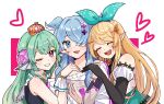  3girls absurdres black_gloves blonde_hair blue_bow blue_eyes blue_hair blush bow closed_eyes crown detached_sleeves elira_pendora elira_pendora_(1st_costume) finana_ryugu finana_ryugu_(1st_costume) flower gloves green_hair grin hair_bow hair_flower hair_ornament hair_over_one_eye hakamii halterneck head_wings heart highres lazulight long_hair multiple_girls nijisanji nijisanji_en pointy_ears pomu_rainpuff pomu_rainpuff_(1st_costume) purple_flower smile violet_eyes wings wrist_cuffs 