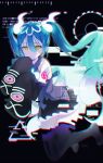  1girl aqua_hair bare_shoulders black_thighhighs detached_sleeves floating ghost ghost_miku_(project_voltage) glitch gradient_hair grey_shirt hair_between_eyes hatsune_miku highres long_hair multicolored_hair necktie nekojita_(ika_neko46) pale_skin pokemon project_voltage see-through see-through_skirt shirt skirt sleeves_past_fingers sleeves_past_wrists thigh-highs twintails very_long_hair vocaloid will-o&#039;-the-wisp_(mythology) yellow_eyes 
