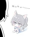  1girl 6_(yuchae) animal_ear_fluff animal_ears bronya_zaychik chibi drill_hair grey_eyes grey_hair hair_between_eyes honkai_(series) honkai_impact_3rd long_hair looking_at_another shirt short_sleeves simple_background sitting socks solo_focus tail white_background white_shirt white_socks 