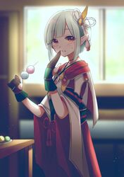  1girl black_gloves cosplay dango ena_(monster_hunter) food food_in_mouth food_on_face gloves gold_trim hair_ornament hand_to_own_mouth highres hinoa hinoa_(cosplay) japanese_clothes kimono looking_at_viewer monster_hunter_(series) monster_hunter_stories_2 pointy_ears red_eyes red_skirt rope_belt short_hair skirt table wagashi window yukki_0125 