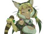  1girl animal_ears bare_shoulders camouflage cat_ears cat_girl cat_tail elbow_gloves extra_ears fingerless_gloves gloves green_eyes grey_hair highres jungle_cat_(kemono_friends) kemono_friends kemono_friends_v_project long_hair looking_at_viewer microphone one_eye_closed ribbon shirt simple_background solo tail twintails virtual_youtuber y0whqzz8bkslezl 