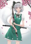  1girl absurdres blue_eyes cherry_blossoms falling_petals green_jacket green_skirt highres jacket konpaku_youmu konpaku_youmu_(ghost) petals phinease shirt short_hair skirt smile solo sword touhou weapon white_background white_hair white_shirt 