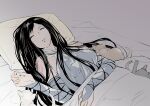  1girl bare_shoulders bed black_hair blanket castlevania castlevania:_order_of_ecclesia cat closed_eyes grel_(r6hgvu5) long_hair pillow shanoa sleeping tattoo very_long_hair 