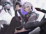 1boy black_shirt black_thighhighs boots coat double-parted_bangs drone eiyuu_densetsu fio_(eiyuu_densetsu) grey_background grey_coat grey_hair grey_necktie hair_between_eyes holding holding_weapon hood hoodie kuro_no_kiseki long_sleeves necktie non-humanoid_robot open_clothes open_coat quatre_salision robot shirt short_hair sidelocks sleeves_past_wrists thigh-highs thigh_boots violet_eyes weapon youmicitrustea 