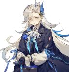  1boy ascot black_cape black_gloves black_vest blue_flower blue_ribbon blue_rose buttons cane cape feather_hair_ornament feathers flower genshin_impact gloves gold_trim grey_eyes hair_ornament highres holding holding_cane long_hair long_sleeves looking_at_viewer male_focus multicolored_hair neuvillette_(genshin_impact) puffy_long_sleeves puffy_sleeves ribbon rose shirt sidelocks simple_background solo streaked_hair very_long_hair vest white_ascot white_background white_hair white_shirt wing_collar xuemen 