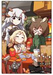  3girls ahoge arknights blonde_hair blush border bottle bowl bowl_stack box brand_name_imitation brown_eyes brown_hair cardboard_box chair character_doll chibi chicken_nuggets closed_eyes clouds commentary condiment_packet cooking_pot counter cup demon_girl demon_horns disposable_cup disposable_cup_holder dress drink drinking_straw fast_food feather_hair food french_fries frying_pan glass green_sweater grey_dress grey_hair hair_between_eyes highres holding holding_drink holding_food horns ifrit_(arknights) indoors kado_(hametunoasioto) ketchup long_hair looking_at_another looking_down looking_up mcdonald&#039;s multiple_girls owl_girl parted_bangs saria_(arknights) sauce short_twintails silence_(arknights) sitting smile spray_bottle sunset sweater table twintails upper_body wallet wcdonald&#039;s wind yoru_mac 