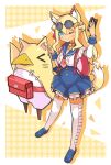  &gt;_&lt; 1girl animal_ear_fluff animal_ears bell blonde_hair blue_dress blue_eyes blue_footwear blue_sailor_collar braid cat_ears cat_tail cellphone choker closed_mouth disgaea dress extra_ears eyewear_on_head full_body hair_ornament highres holding holding_phone jingle_bell legs_apart loafers long_hair looking_at_viewer makai_senki_disgaea_7 necktie one_eye_closed phone pii-chan_(disgaea) pink_choker pink_necktie pirilika_(disgaea) pointy_ears polka_dot polka_dot_background prinny sailor_collar school_uniform serafuku shirt shoes short_dress smile standing suaman sunglasses tail thigh-highs v white_shirt white_thighhighs yellow_background zettai_ryouiki 