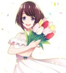  1girl brown_hair dress falling_petals flower holding holding_flower kmy-3_(kumayu) looking_at_viewer open_mouth original petals short_hair smile solo tulip violet_eyes 